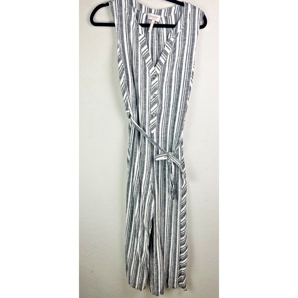 Laundry Shelli Segal Sleeveless Jumpsuit‎ Belt Gray White Striped Linen Blend 10